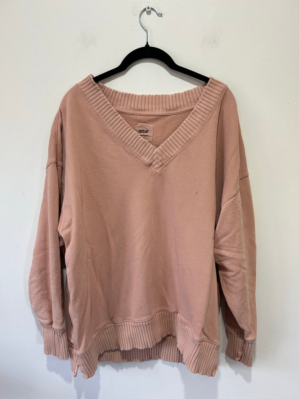 Aerie light brown oversized v neck sweatshirt size S distressed lounge *stain*